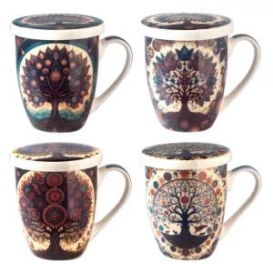 TAZA PORCELANA ARBOL 4 DIF. C/ CAJA REGALO TAPA Y COLADOR