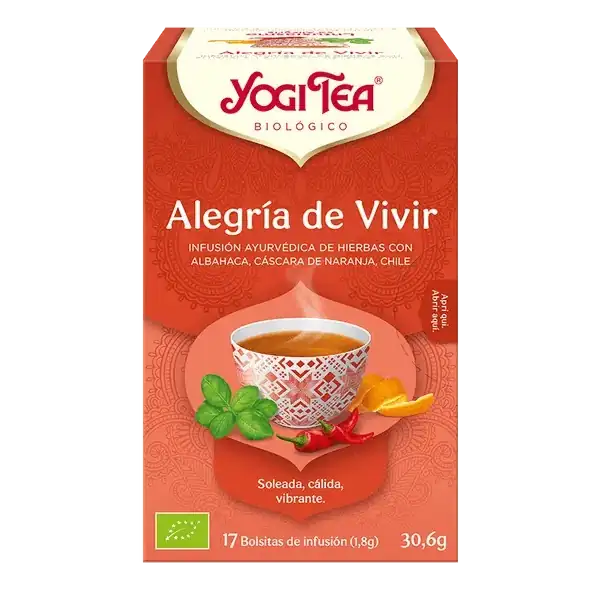 Infusión Yogi Tea Alegría de Vivir Infusión Ayurvédica de Hierbas con Albahaca, Cáscara de Naranja y Chile.