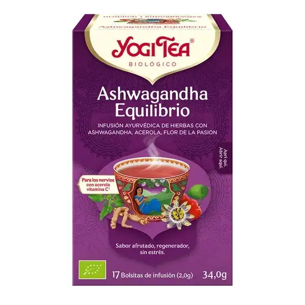 Infusión Yogi Tea Ashwagandha Equilibrio Infusión Ayurvédica de Hierbas con Ashwagandha, Acerola y Flor de la Pasión.