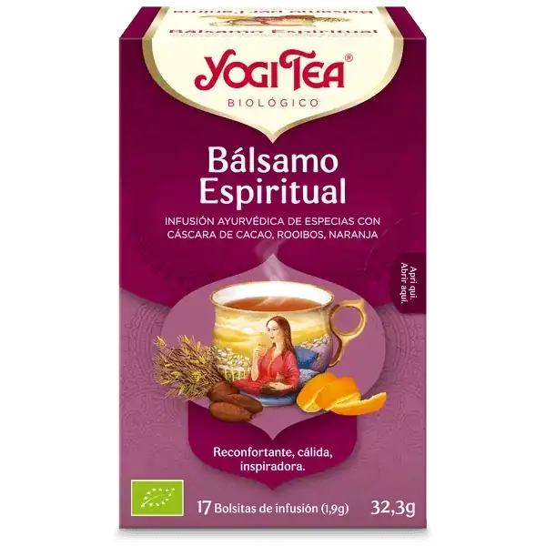 Infusión Yogi Tea Bálsamo Espiritual Infusión Ayurvédica de Especias con Cáscara de Cacao, Rooibos y Naranja.