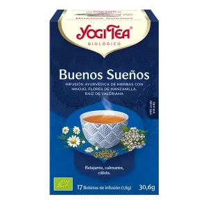 Infusión Yogi Tea Buenos Sueños Infusión Ayurvédica de Hierbas con Hinojo, Flores de Manzanilla y Raíz de Valeriana.