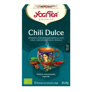 Infusión Yogi Tea Chili Dulce Infusión Ayurvédica de Especias con Chile, cáscara de cacao y Regaliz.