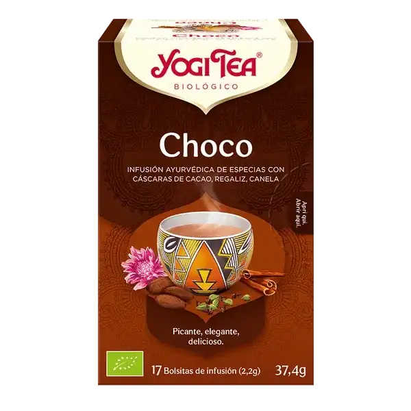 Infusión Yogi Tea Choco Infusión Ayurvédica de especias con cáscaras de cacao, regaliz y canela.