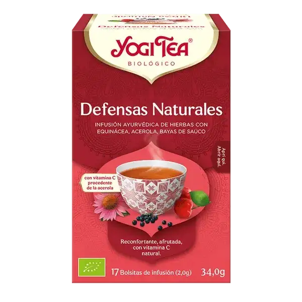 Infusión Yogi Tea Defensas Naturales Infusión Ayurvédica de hierbas con equinácea, acerola y bayas de saúco.