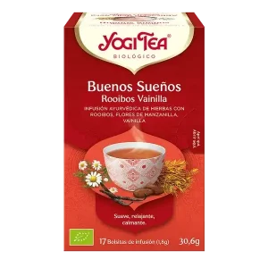 Infusión Yogi Tea Buenos Sueños Rooibos y Vainilla Infusión Ayurvédica de Hierbas con Rooibos, Flores de Manzanilla y Vainilla.