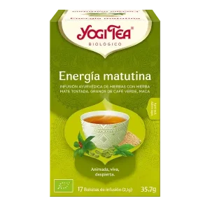 Infusión Yogi Tea Energía Matutina Infusión Ayurvédica de hierbas con hierba mate tostada, granos de café verde y maca.