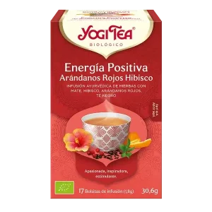 Infusión Yogi Tea Energía Positiva Arándanos Rojos Hibisco Infusión Ayurvédica de Hierbas con Mate, Hibisco, Arándanos rojos y Té negro.
