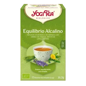 Infusión Yogi Tea Equilibrio Alcalino Infusión Ayurvédica de hierbas con hierba de cebada, diente de león y lavanda.