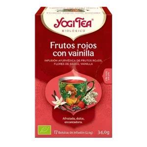 Infusión Yogi Tea Frutos rojos con vainilla Infusión Ayurvédica de frutos rojos, flores de saúco y vainilla.