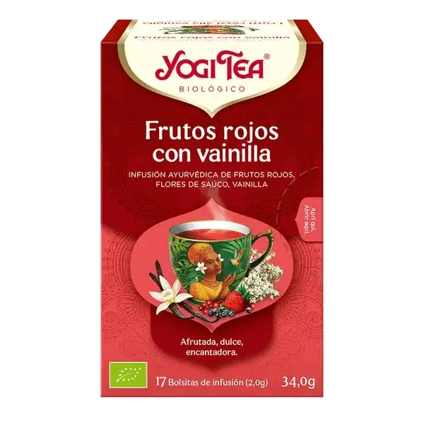 Infusión Yogi Tea Frutos rojos con vainilla Infusión Ayurvédica de frutos rojos, flores de saúco y vainilla.
