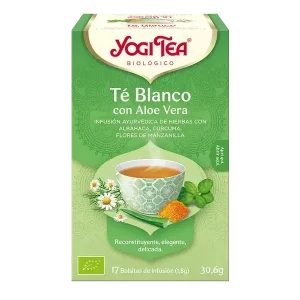 Infusión Yogi Tea Té Blanco con Aloe vera Infusión Ayurvédica de Hierbas con Albahaca, cúrcuma, Flores de Manzanilla.